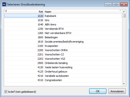 selecteren grootboekrekening