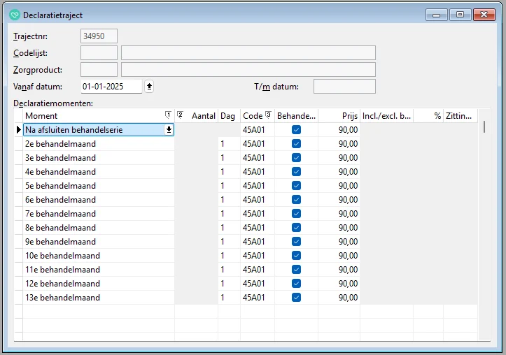 Scherm Declaratiemoment ingevuld voor duur