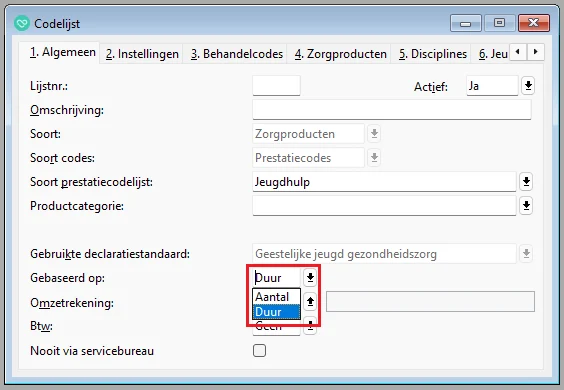 Scherm Codelijst jeugd ggz gebaseerd op