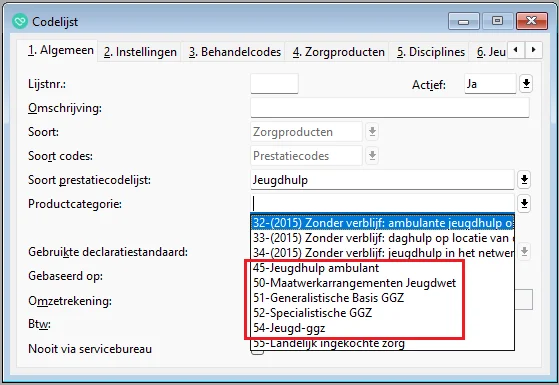 Scherm Codelijst jeugd gzz