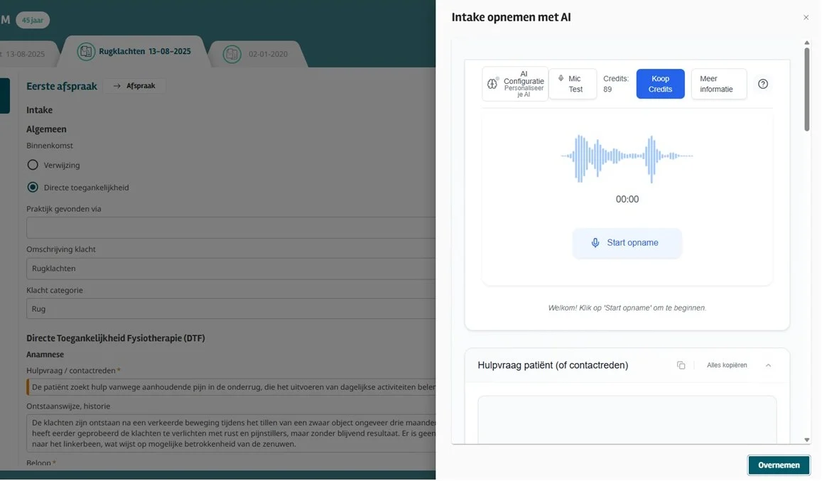 Screenshot van Smartintake.AI in Intramed web. Scherm opnemen met AI