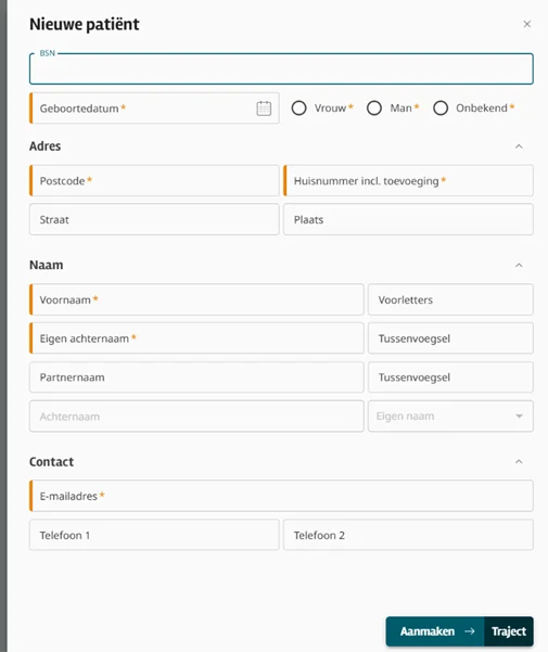 Screenshot nieuw patiënt toevoegen in intramed web. 