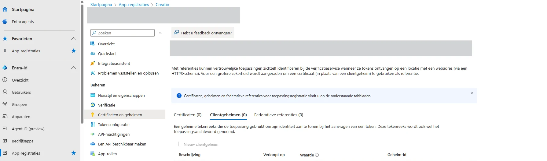 Client ID aanmaken in Microsoft Entra
