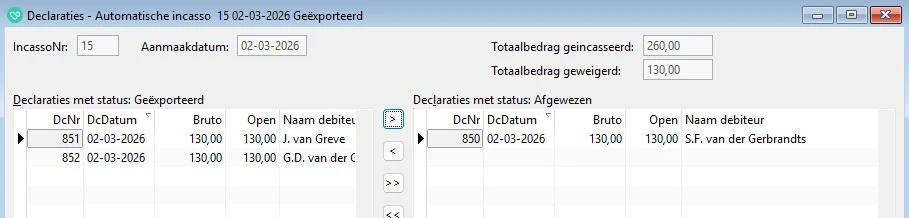 tonen van de verplaatste afgewezen incasso