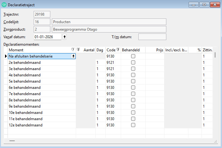 behandelcodes die voor Otago individueel ingesteld kan worden