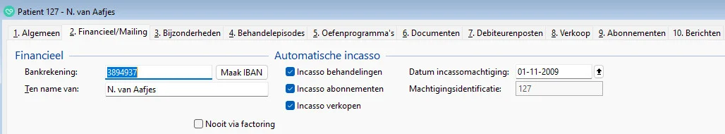 incasso instellen bij de patient