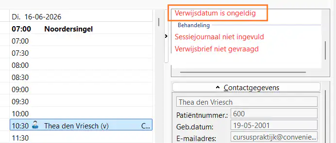 Je wordt ook gewaarschuwd in de details rechtsboven in de agenda bij een afspraak: