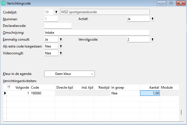 behandelcode intake toevoegen MSZ