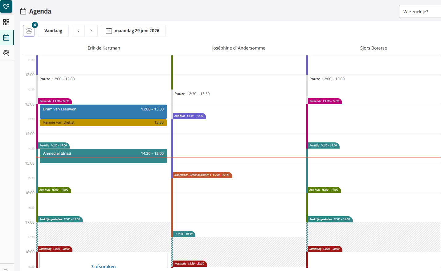 De weekagenda in Intramed Web met meer ruimte voor afspraken en meerdere agenda’s naast elkaar. De takenlijst is verplaatst naar het persoonlijke dagelijkse dashboard, waardoor de agenda overzichtelijker is.