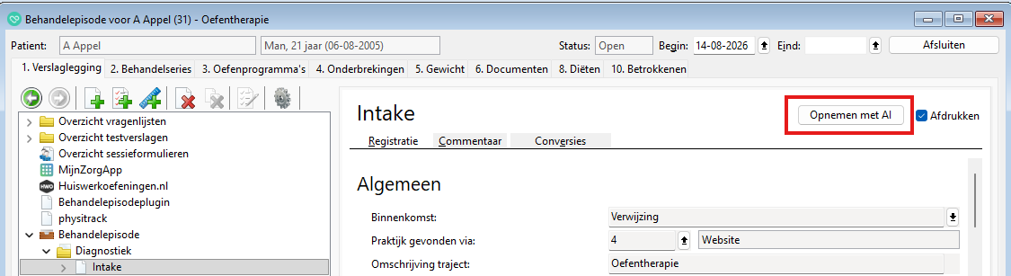 In het Oefentherapie intakeformulier is de knop ‘Opnemen met AI’ beschikbaar.