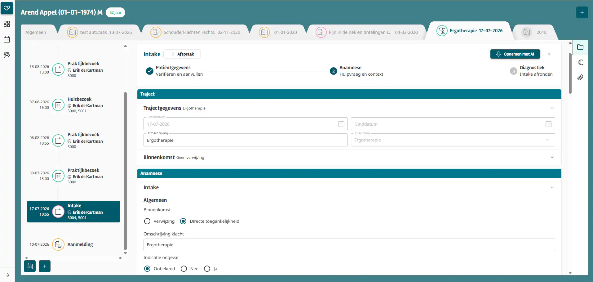 Ergotherapeuten kunnen in Intramed Web een Intake afnemen met het Intakeformulier en eventueel SmartIntake AI gebruiken. Op stap 3 van de Intake kan de ergotherapeutische diagnose worden geselecteerd.