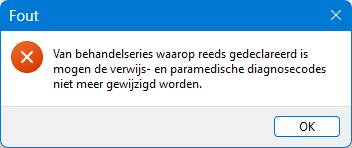 Zo lang er nog niet is gedeclareerd op de behandelserie, kun je daarin de diagnosecode wijzigen. Die wijziging wordt dan ook overgenomen in de behandelepisode. Is er al wel gedeclareerd, dan krijg je een foutmelding als je de gewijzigde behandelserie wilt opslaan: