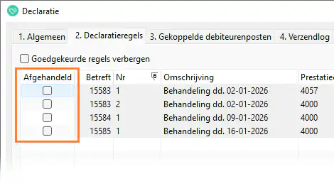 Op afgehandeld zetten kan in een Declaratie; tabblad ‘2. Declaratieregels’ door het vak ‘Afgehandeld’ voor een declaratie aan te vinken. Zijn alle declaratieregels daar aangevinkt, dan gaan zij mee in de volgende declaratieronde.