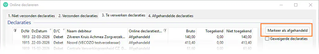 Je kunt ook in het scherm ‘Online declareren’; tabblad ‘3. Te verwerken declaraties’ na jouw correcties de declaratie aanklikken en op de knop ‘Markeer als afgehandeld’ klikken. Figuur 6 IMcl00005140 Daardoor verschuift de declaratie naar tabblad ‘4. Afgehandelde declaraties’.