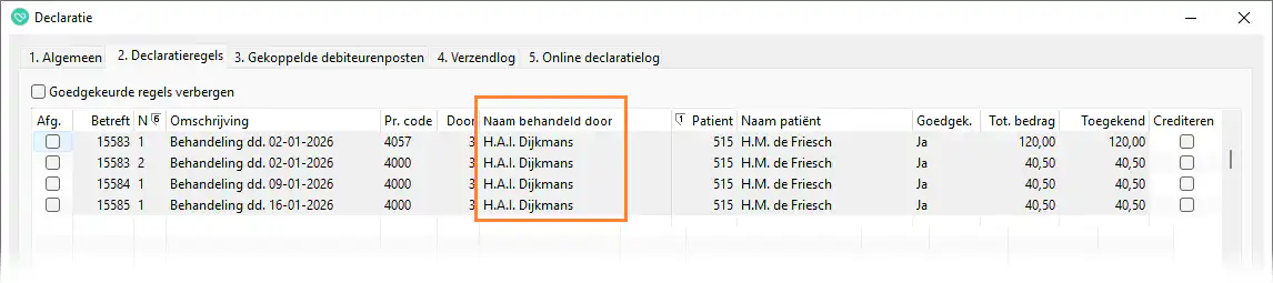 Voortaan zie je in een Declaratie; tabblad ‘2. Declaratieregels’ een kolom ‘Naam behandeld door’. Zo kun je zien, wie bijvoorbeeld een fout moet oplossen.