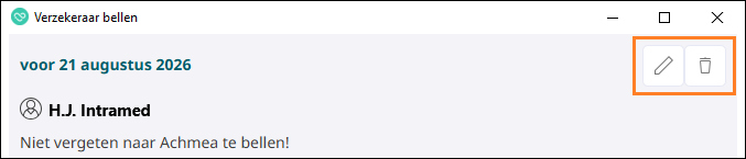 Je kunt hierin een nieuwe taak aanmaken en van bestaande taken de taakdetails opvragen. Ook kun je taken afvinken, wijzigen en verwijderen. Als een taak wordt aangeklikt, openen de taakdetails. Heb je de taak zelf aangemaakt, dan zie je bovenin ook het Wijzig- en Verwijder-icoon.