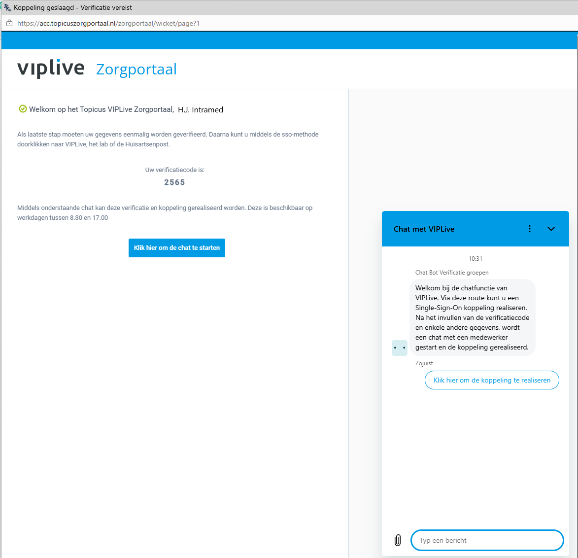 Een eenmalige koppeling met VIPLive is nodig. Als deze nog niet is gemaakt, opent bij het navigeren naar VIPLive een chatbot die helpt bij het tot stand brengen van de koppeling.