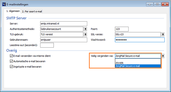 emailinstellingen voor zorgmail secure