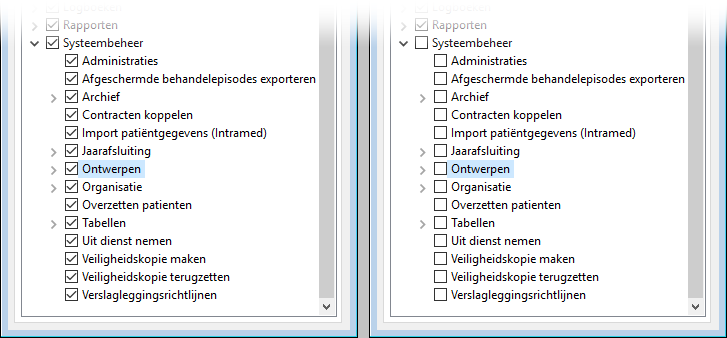 op tabblad acties kan je rechten aan of uit zetten